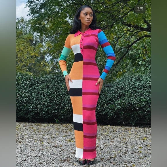 Fashion Nova Peri Colorful Button Up Striped Knit Long Sleeve Maxi Dress Sz 1XL - Picture 8 of 17